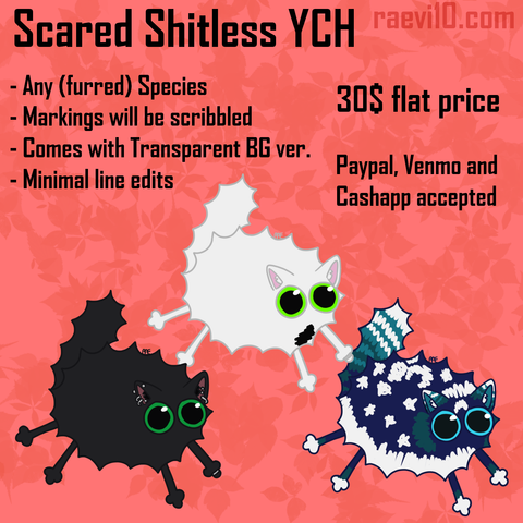 a YCH price sheet,  30$ flat for a puffed up looking toony cat, very spikey with huge eyes, theres three examples, one black one white and one blue with white markings