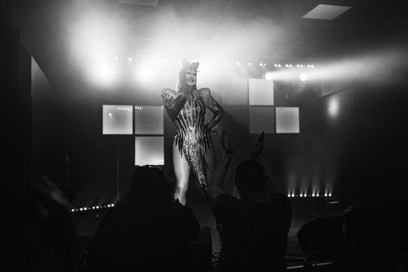 A performer in a shimmering costume strikes a pose on stage, surrounded by fog and dramatic lighting, while an audience watches enthusiastically from below.
