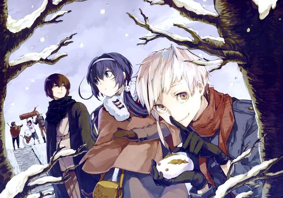 Some characters from the show wrapped up in warm clothes on a snowy day