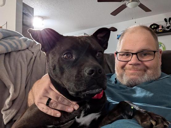 Selfie with Pepper (black lab / Staffy mix) and I