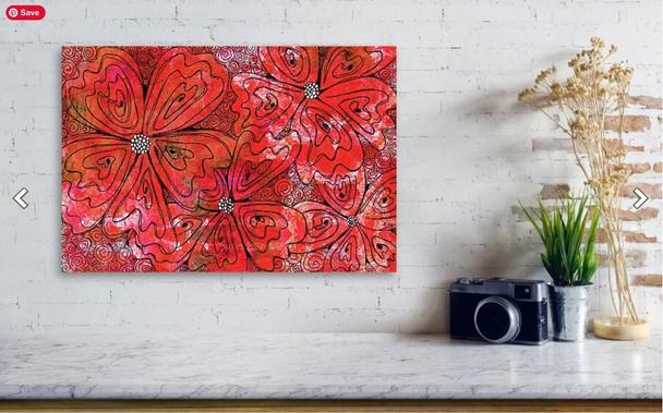 Red flowers with black lines in a decor setting by artist and poet Sharon Cummings.  Haiku in post.