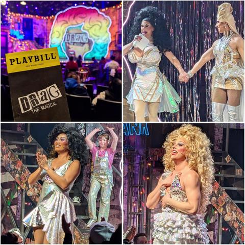 'Drag: The Musical' playbill with a colorful stage in the background; pics of some of the queens during their curtain call (Jimbo holding Nick Adams's hand; Jujubee & Jan)