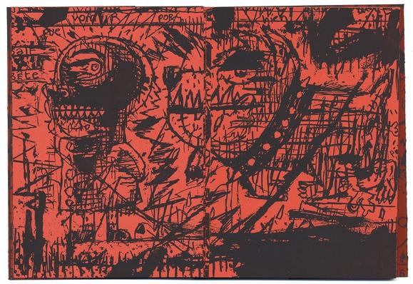 double page : dessin d'un personnage promenant un chient, imprimé en noir sur un papier rouge vif. Saturation de traits et de hachures. On déchiffre entre les taches : "PUE", "PORC", "CHIEN", "SALE BÊTE".