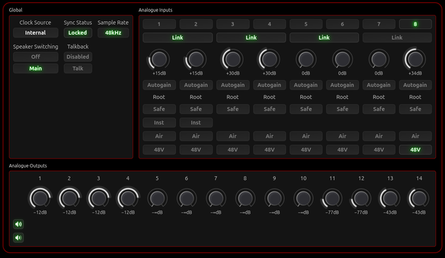 Screenshot of the alsa-scarlett-gui main window, with knobs and buttons for each of the inputs and outputs.