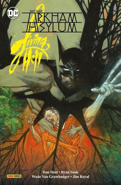 Das Cover des Superheldencomics Living Hell von Dan Slott ist gezeichnet. Im Zentrum ist ein Kopf mit einer Halbmaske zu sehen. Die Augen haben keine Pupillen und die Maske zwei Spitzen, die nach oben wegragen. Unter dem Kopf ist eine schreiende Person mit nach oben gestreckten Armen zu sehen, jedoch gibt es weitere Arme, die sich am Oberkörper festklammern. Dazu sind noch Wurzel-artige Stränge zu sehen, die Sternförmig von zentralen Kopf ausgehen und sich verzweigen.