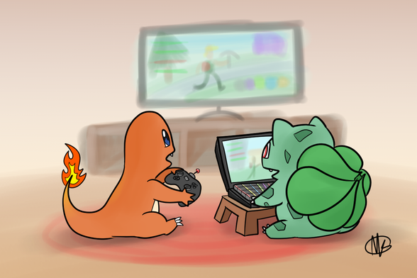 Illustration featuring two Pokémon playing video games with each other. Charmander is using a controller and is facing the TV in the background. Bulbasaur is using a gaming laptop. The background is a very soft watercolor-inspired design with the two Pokémon sitting on a red rug, in front of a TV console.