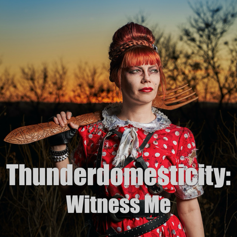 “Thunderdomesticity: Witness Me” is written in bold gray text in front of a sunset photograph of a dystopian dame, dressed in polkadots and belts, who is armed with a giant wooden fork.