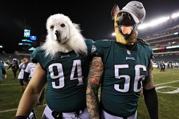 A photo from the playoff season leading to the Eagles' 2018 Superbowl win.  Two players are in the foreground wearing their uniforms (numbers 94 and 56) and dog masks (one poodle head and one german shepherd head) -- the latter also has a Conference Champion hat balanced over one ear.  A chaotic post-game stadium, with various people wandering around on the field, is visible in the background.