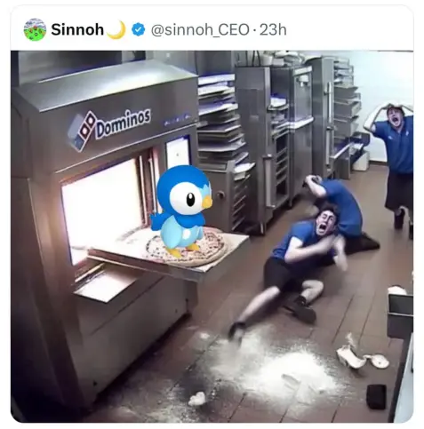 es un piplup saliendo de un horno en un dominos pizza y aterrorizando a los empleados