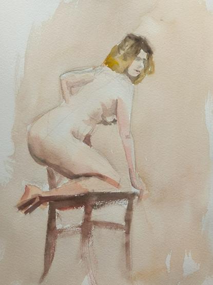 Watercolor of a nude woman on her knews on an wood chair