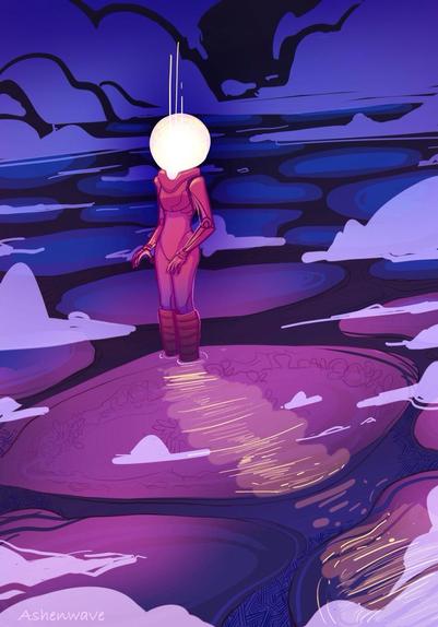 Illustration of a figure dressed in a spacesuit, standing in a landscape covered in what seem to be numerous tide pools. Their helmet glows from within in a warm yellow light, making it impossible to see their face. There is some kind of mist moving between the pools, avoiding the figure.