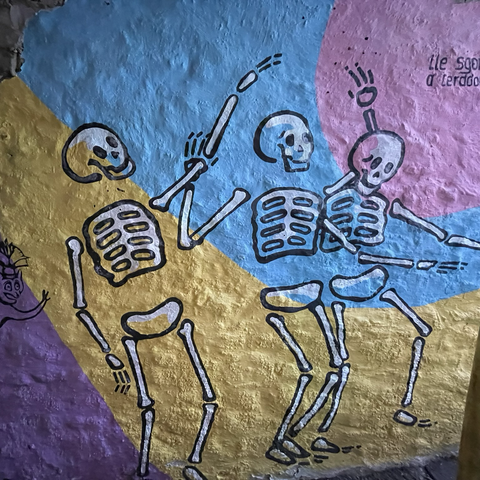 Colourful wall with dancing skeletons
