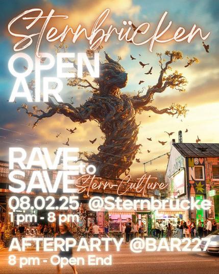 Das Plakat zum Sternbrücken Rave to Save 8.2.2025 mit einem ravenden Baum vor dem Hintergrund der Sternbrücke und den weiteren Angaben aus dem Text.