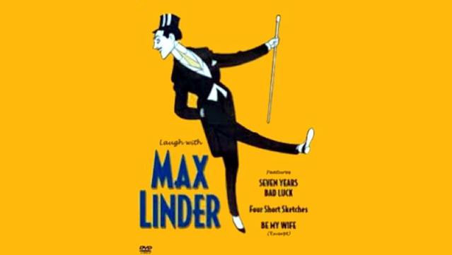 Affiche du film Seven Years Bad Luck (Sept ans de malheur) de et avec Max Linder, sur fond jaune en noir et blanc Max au physique reconnaissable : costume élégant, chapeau haut-de-forme, petite moustache, canne.