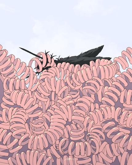 Disegno di un groviglio di un filo a spirale rosa, tipo quello del telefono. Su questo groviglio stanno due piume nere di gazza. Sullo sfondo un cielo dipinto in digitale.