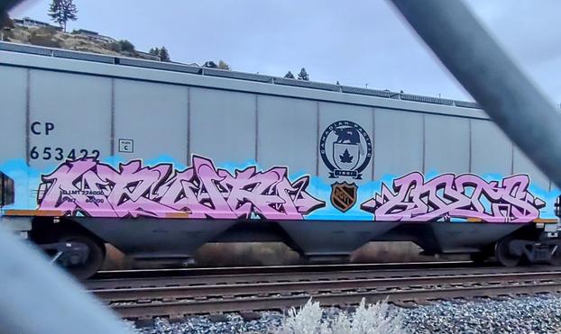 Train car with graffiti rolling through Kamloops BC Canada
