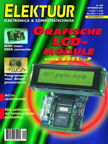 De omslag van het Nederlandse elektronica- en computertijdschrift Elektuur, nummer 455, uit september 2001. De titel Elektuur staat in grote gele letters bovenaan de cover. Daaronder staan verschillende artikels, zoals: "Grafische LCD-module voor 8051-µP",
"MIDI-naar-DMX-converter", "Programmer voor Atmel-processoren", "Accu-revitalisator", "EDA-software: de belangrijkste pakketten".
Op de voorgrond is een printplaat te zien met een grafisch LCD-scherm dat de tekst "8051 graphics display" weergeeft. De printplaat heeft ook verschillende componenten, zoals een Siemens-chip en diverse aansluitingen. De achtergrond van de omslag is in levendige kleuren, met groene, blauwe en rode tinten.