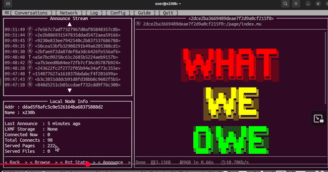 a screenshot of the nomadnet program interface showing a page accessed via the nomadnet. The page has big red yellow and green words What We Owe