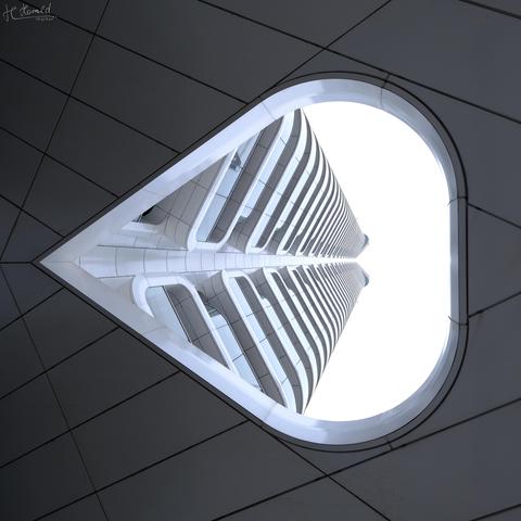 (translation below)
Blick direkt nach oben durch eine Öffnung im Vordach des Grand Tower in Frankfurt am Main. Die Öffnung sieht fast wie ein liegendes Herz aus. Das Bild ist quadratisch und monochrom. Vordach und Fassade sind aus Metall. Am Turm sind viele Balkone mit runden Vorbauten und gläsenen Geländern. Das Vordach sieht von unten dunkelgrau und die Fassade, die nach innen geknickt ist, fast schon weiß aus. 
Looking directly upwards through an opening in the canopy of the Grand Tower in Frankfurt am Main. The opening looks almost like a lying heart. The image is square and monochrome. The canopy and facade are made of metal. The tower has many balconies with round projections and glass railings. The canopy looks dark grey from below and the facade, which is bent inwards, almost white.