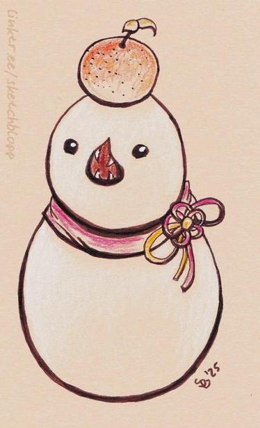 Coloured Pencil Drawing: Small white creature from Final Fantasy 14 made of a big squishy orb like body and a slightly smaller orb like head, with a little ribbon with a delicate bow. It has beady eyes and a mid sized droplet shaped open mouth with four sharp teeth. On its head is an orange. The lines are thick with some "weight" to them on the lower end and the shading is rather subtle and doesn't fill all areas. Text on the side: linktr.ee/sketchblopp