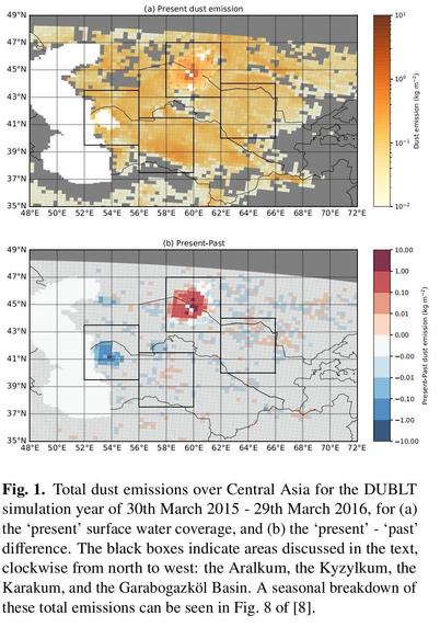 maps - total dust emissions over Central Asia for the DUBLT
simulation year of 30th March 2015 - 29th March 2016, for (a)
the ‘present’ surface water coverage, and (b) the ‘present’ - ‘past’
dierence. The black boxes indicate areas discussed in the text,
clockwise from north to west: the Aralkum, the Kyzylkum, the
Karakum, and the Garabogazköl Basin.