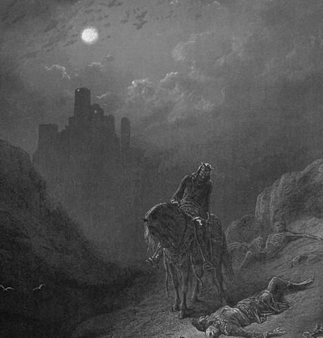Gustave Dore illustration of rider looking at dead body in moonlight, dark shadow of a castle in back
