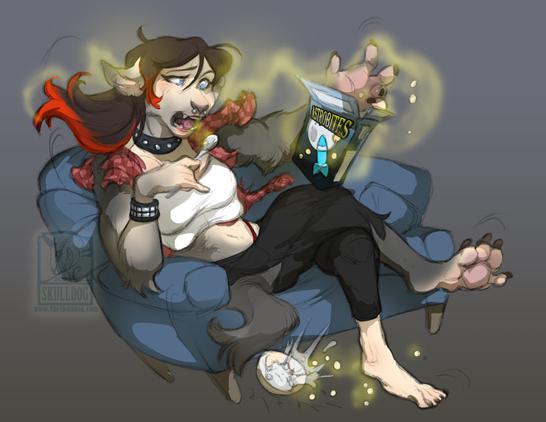 A human female sits on a couch, dropping a bowl of cereal, she is changing into a grey furred werewolf as she looks at the box which reads Astrobites, and include a rocket and full moon.