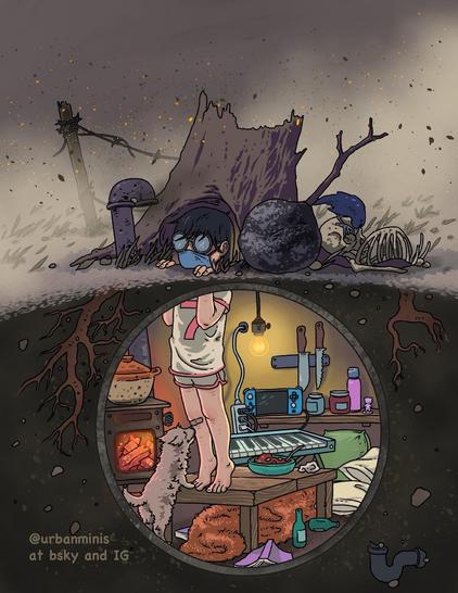 An illustration depicting a young person, wearing a mask and glasses, peeking out from behind a tree stump in a post-apocalyptic setting filled with debris and smoke. Beneath the surface, a cozy, cluttered underground room is shown