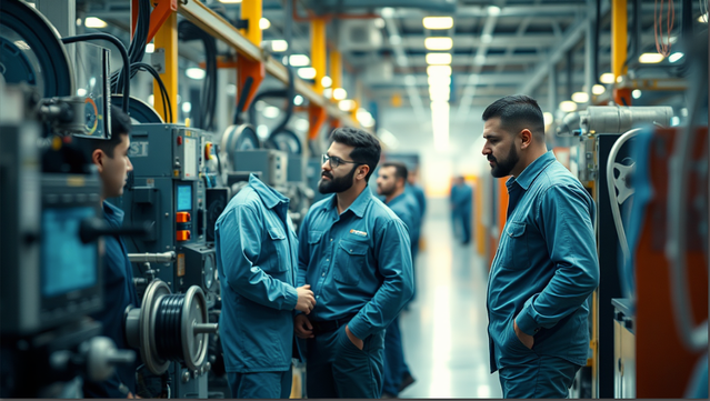 An AI-generated photo of four men working on a factory floor amidst high tech machinery. Three of them have heads, one does not.