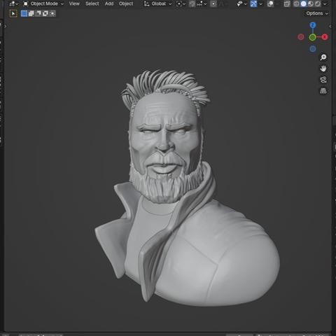 A 3D caricature of Karl Urban as Billy Butcher (The Boys TV Show). In this view the model is completely gray on a dark gray background, without any textures.