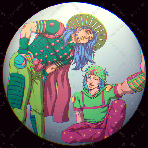 Illustration of Johnny Joestar and Gyro Zeppeli from Jojo's Bizarre Adventure: Steel Ball Run through a fisheye lens. Johnny appears sitting on the floor, holding the camera/lens. Gyro is standing next to him, with one hand on his hip, slightly leaning forward. Both look at the camera, smiling.