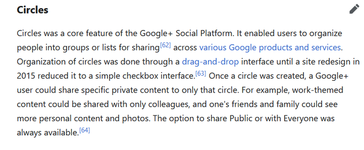 Screenshot from the wikipedia page titled: Google+.

Circles was a core feature of the Google+ Social Platform. It enabled users to organize people into groups or lists for sharing[62] across various Google products and services. Organization of circles was done through a drag-and-drop interface until a site redesign in 2015 reduced it to a simple checkbox interface.[63] Once a circle was created, a Google+ user could share specific private content to only that circle. For example, work-themed content could be shared with only colleagues, and one's friends and family could see more personal content and photos. The option to share Public or with Everyone was always available.[64]