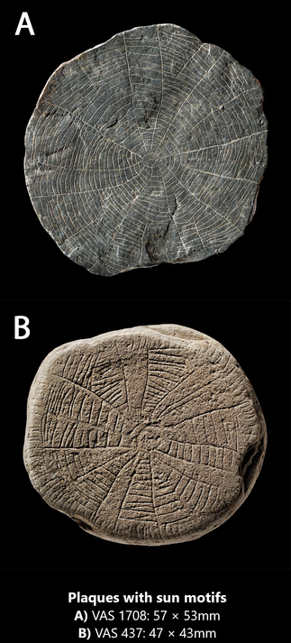 photos -  Plaques with sun motifs. A) VAS 1708: 57 × 53mm; B) VAS 437: 47 × 43mm