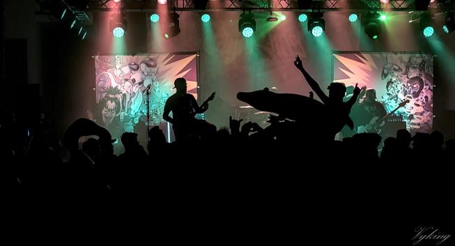 un crocodile et un festivalier qui slament devant Eight Sins. la foule est dans le noir, la scène très colorée et contrastée.