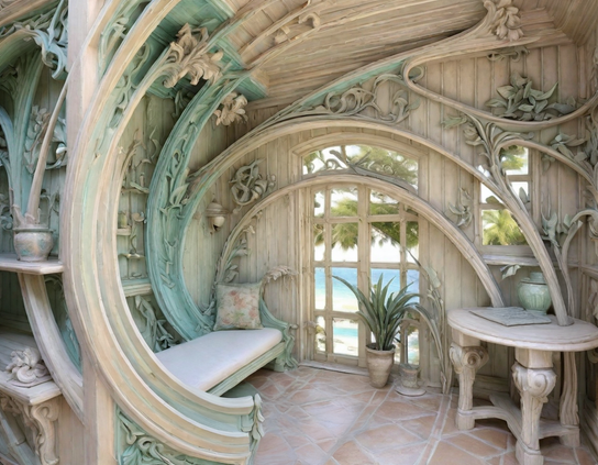 A rustic and cozy nook with intricate green and beige curving woodwork, carved with plant and floral embellishments, and featuring arched windows framing an ocean, view. The space includes a cozy seating area, small table, and potted plants.