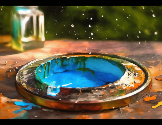 A paint pot with a corroded rim, filled with thick brilliant blue paint with a few drips of forest green at the edges, sunk into a paint-splashed rusted surface with blue and orange splatter, with a bokeh background of an outdoor setting.