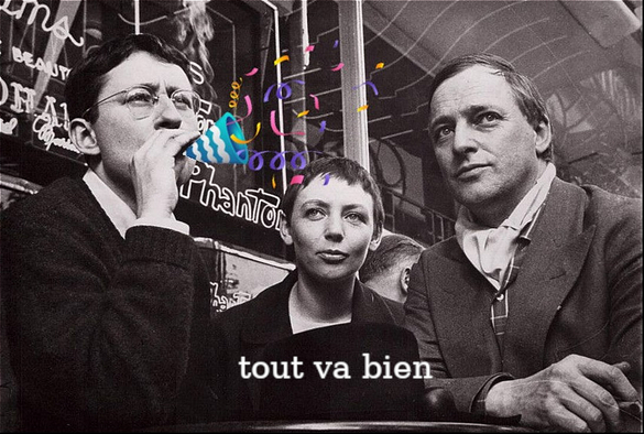 Photo de groupe en noir et blanc grossièrement détournée réunissant les situationnistes Guy Debord, Michèle Bernstein et Asger Jorn assis à la terrasse d'un café parisien à la fin des années 50. #Everything's fine
