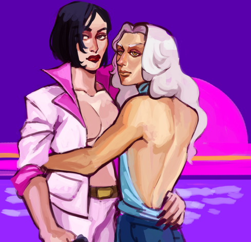 Digital WIP of Frida and Adale hugging and beign extremely vaporwave.