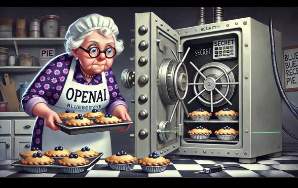 A humorous scene of an older woman wearing glasses and an ‘OpenAI Blueberry Pie’ apron, taking pies out of a secure vault with a keypad and safe door, showcasing a secretive baking process.