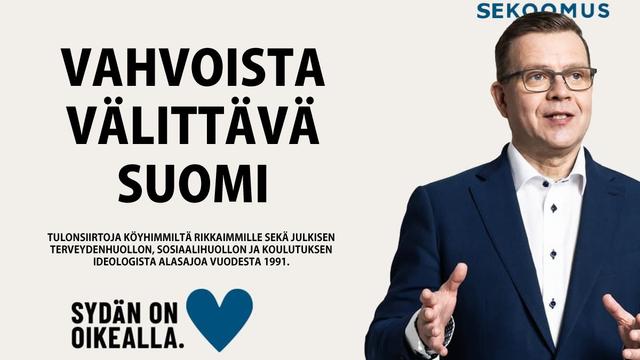 Kokoomuksen mainos jossa kuva Orposta, jolla on pallo hukassa. "Vahvoista välittävä Suomi. Tulonsiirtoja köyhimmiltä rikkaimmille sekä julkisen terveydenhuollon, sosiaalihuollon ja koulutuksen ideologista alasajoa vuodesta 1991. Sydän on oikealla. <3 Sekoomus."
