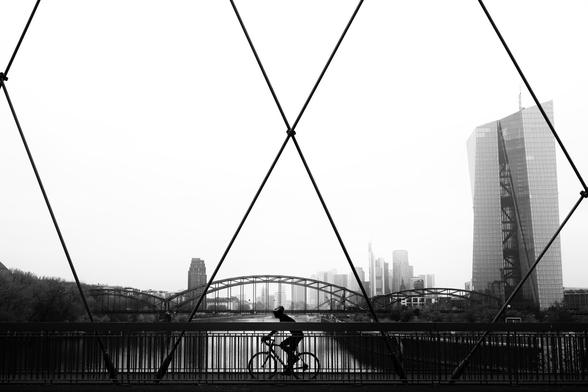 black and white. a gravel biker rides over the east harbor bridge in frankfurt. in the background you can see the skyline of frankfurt, another bridge and, very dominant on the right side, the european central bank. steel bands of the bridge construction run diagonally through the picture.