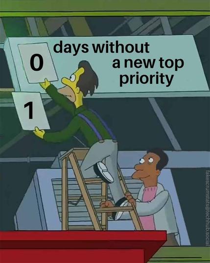 Two characters from the Simpsons changing the numbers on a sign showing the number of days without a new top priority

The person is holding both numbers 0 and 1