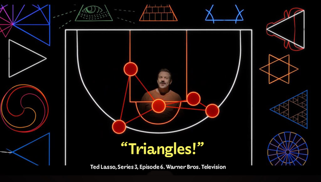 Talk 2: Simplexspaces: alternative interpolation spaces for type design. Also short, fun and hopefully useful! Image credit: a still from Ted Lasso, series 3, episode 6, Warner Bros. Television. In which Ted Lasso finds himself surround by triangles and he is about to see how flexible and useful they can be. Of course, he is looking at basketball, and he is thinking about socces, but surprisingly it is also useful in type design. You've read this far and I'm sure you understand.