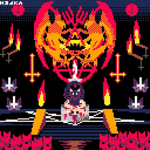 This is a drawing in pixel art made by Hefka, that's me. This is the interior of a Satanist church during a pentagram prayer. A catboy is sacrificing a christian girl on an altar with a bloody sword. In front of the scene, some catboy adepts are praying.