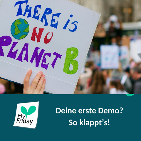 Eine Hand hält ein Demoplakat "There is no Planet B", viele Menschn im Hintergrund. Text: Deine erste Demo? So klappt's! Logo: My Friday