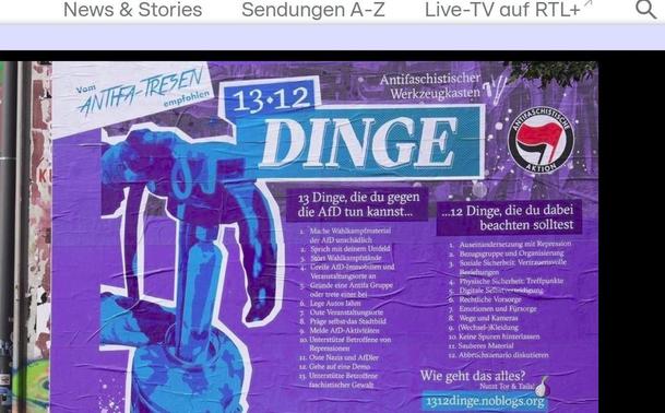 Vom Antifa-Tresen empfohlen und mit einer RTL-Meldung vom 19. August 2024 nochmal beworben: „Immer wieder provoziert die Rote Flora mit Plakaten, die an ihrer Fassade hängen. Jetzt sprechen die Linksextremisten von „13 Dinge, die du gegen die AfD tun kannst“. (Bild: Screenshot von RTL)