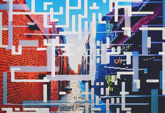 This image features 3 images of a street. Overlying the image are different shapes which are arranged to look like QR code symbols. These are in white/blue colours and intersect one another. The first image is clear, but the second is slightly more pixelated, and the final image is very pixelated. 

Elise Racine & The Bigger Picture / Better Images of AI / Web of Influence I / CC-BY 4.0