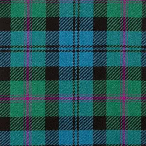 The Baird tartan: shades of teal, green and turquoise with wide single and thin double black lines, and an alternating purple thin/thick/thin line.