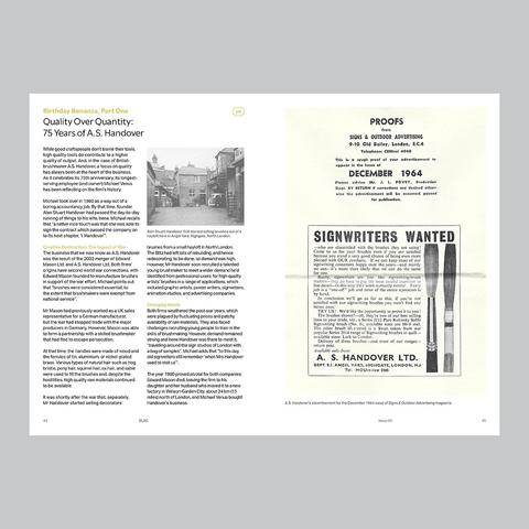 Graphic of a spread from a magazine with a mixture of text and imagery. The article is headlined "Quality Over Quantity: 75 Years of A.S. Handover" and the pictures show a black and white photo of a mews and a vintage advertisement for signwriting brushes.