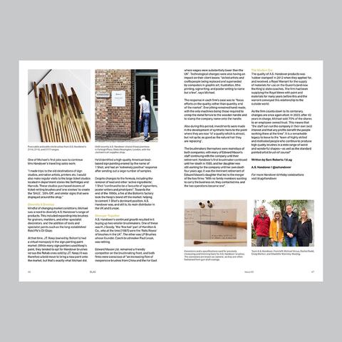 The second spread from the four-page article. The text in this case is accompanies by a colour photo of sign painting brushes, a man walking into a door with the A.S. Handover company name on a panel beside it, a colour photo of a penknife and a guide for cutting brush hairs, and a portrait of four people standing in front of a building with a flowring creeper on it.